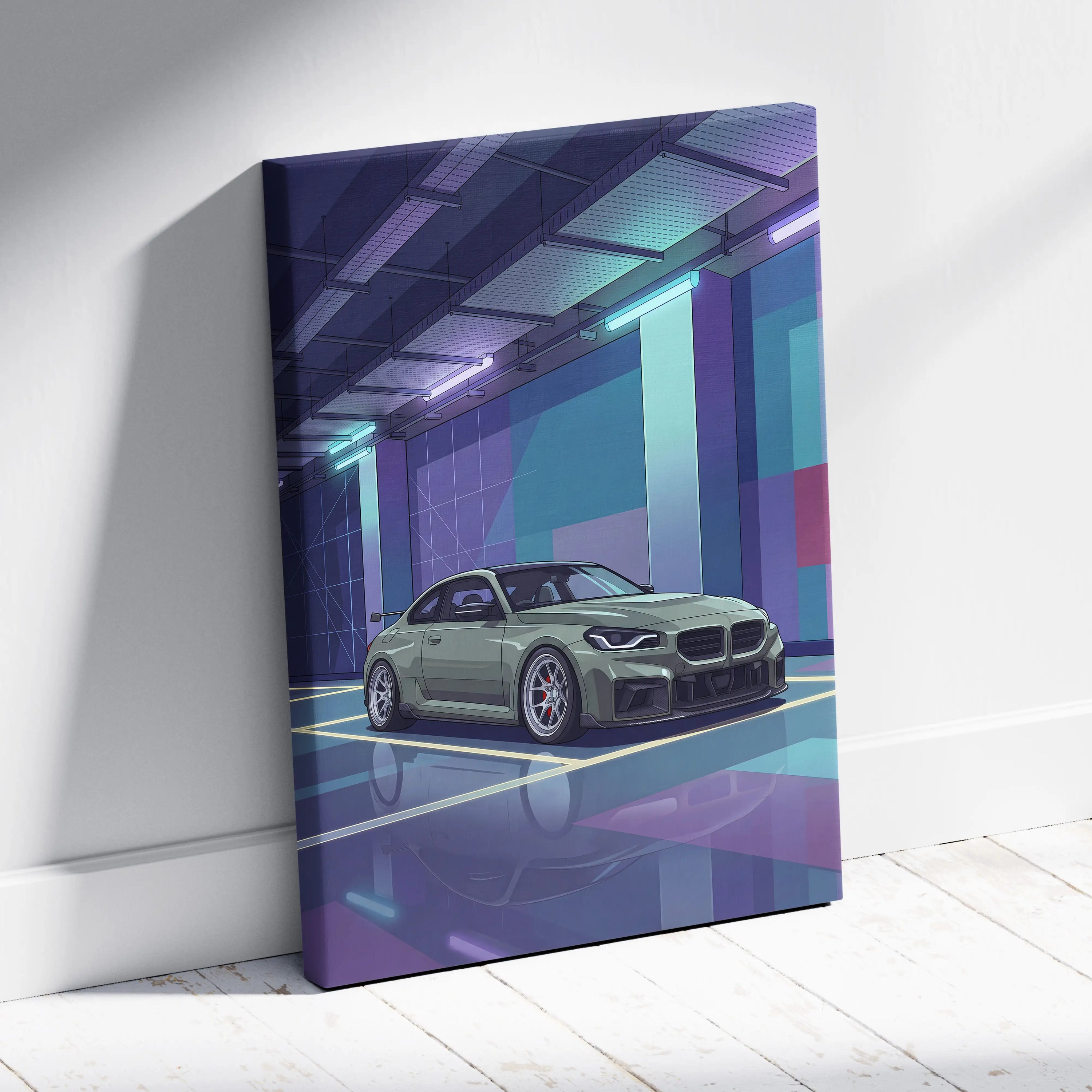 BMW M2 Inspired Vaporwave Car Canvas - Car Artwork Purple Teal Vaporwave Living Room Nostalgic Glow Retro Futurism Wall Art Canvas