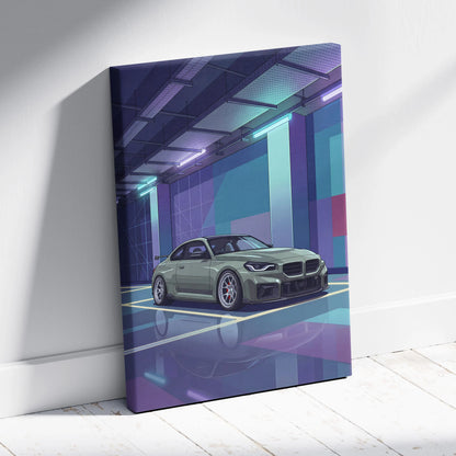 BMW M2 Inspired Vaporwave Car Canvas - Car Artwork Purple Teal Vaporwave Living Room Nostalgic Glow Retro Futurism Wall Art Canvas
