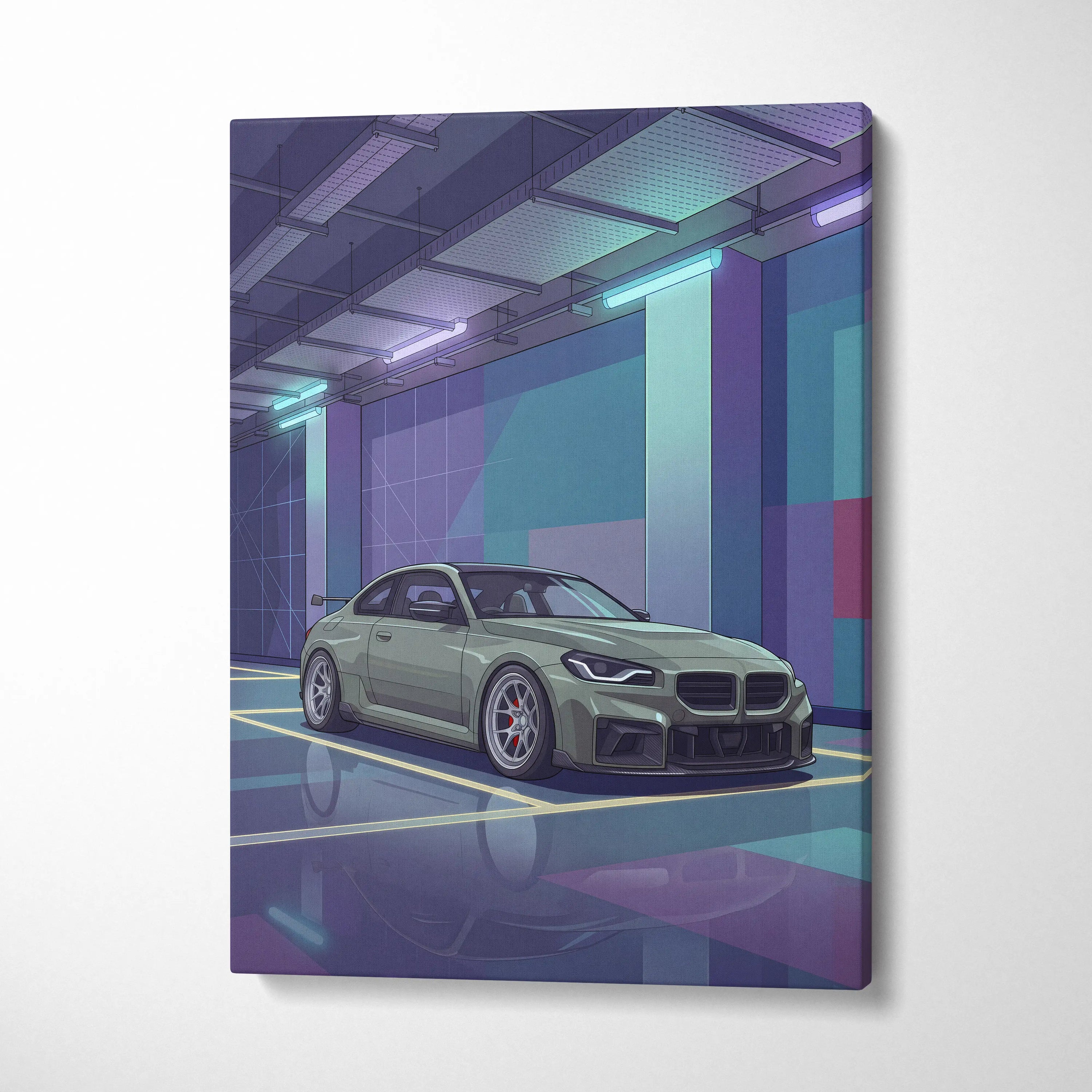 BMW M2 Inspired Vaporwave Car Canvas - Car Artwork Purple Teal Vaporwave Living Room Nostalgic Glow Retro Futurism Wall Art Canvas