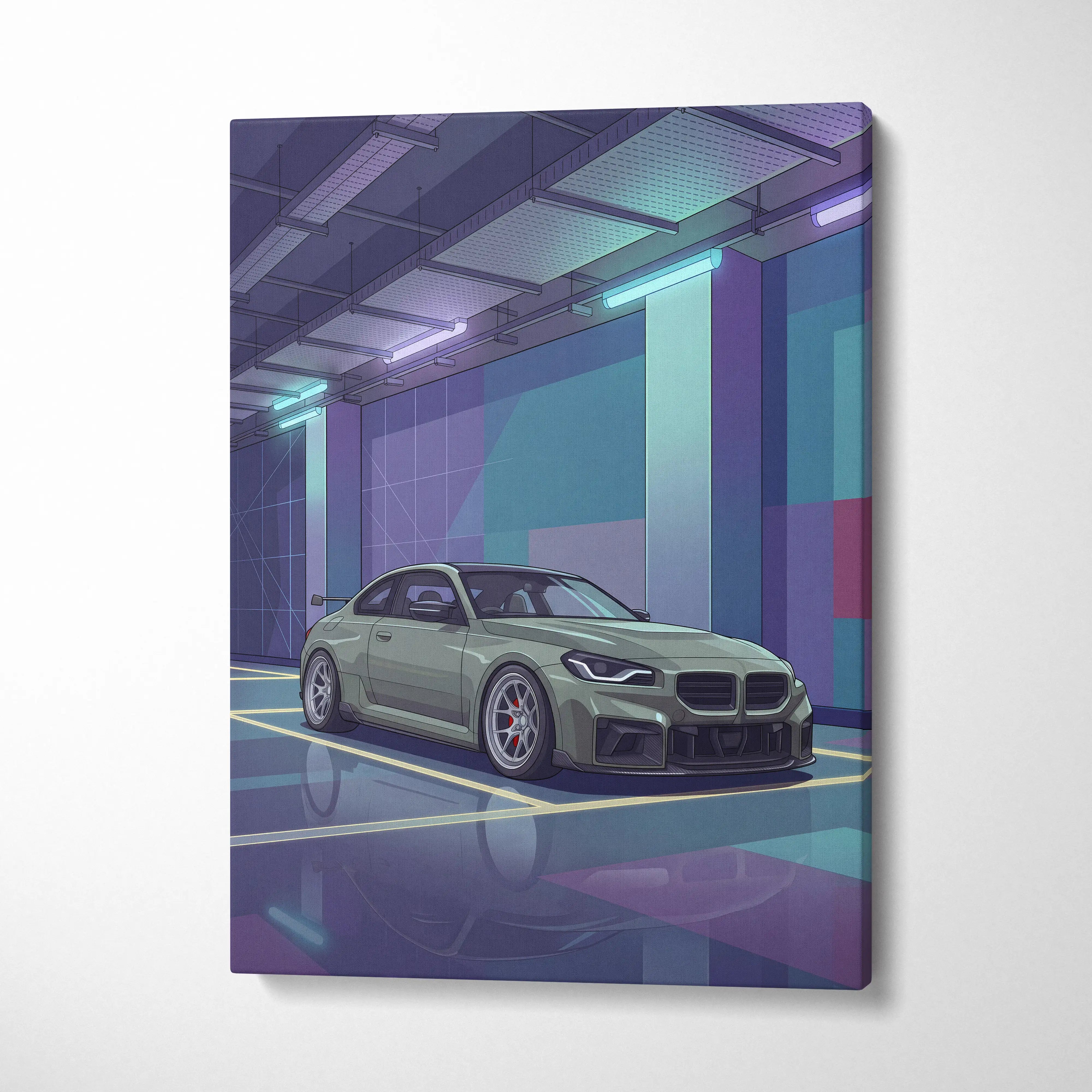 BMW M2 Inspired Vaporwave Car Canvas - Car Artwork Purple Teal Vaporwave Living Room Nostalgic Glow Retro Futurism Wall Art Canvas