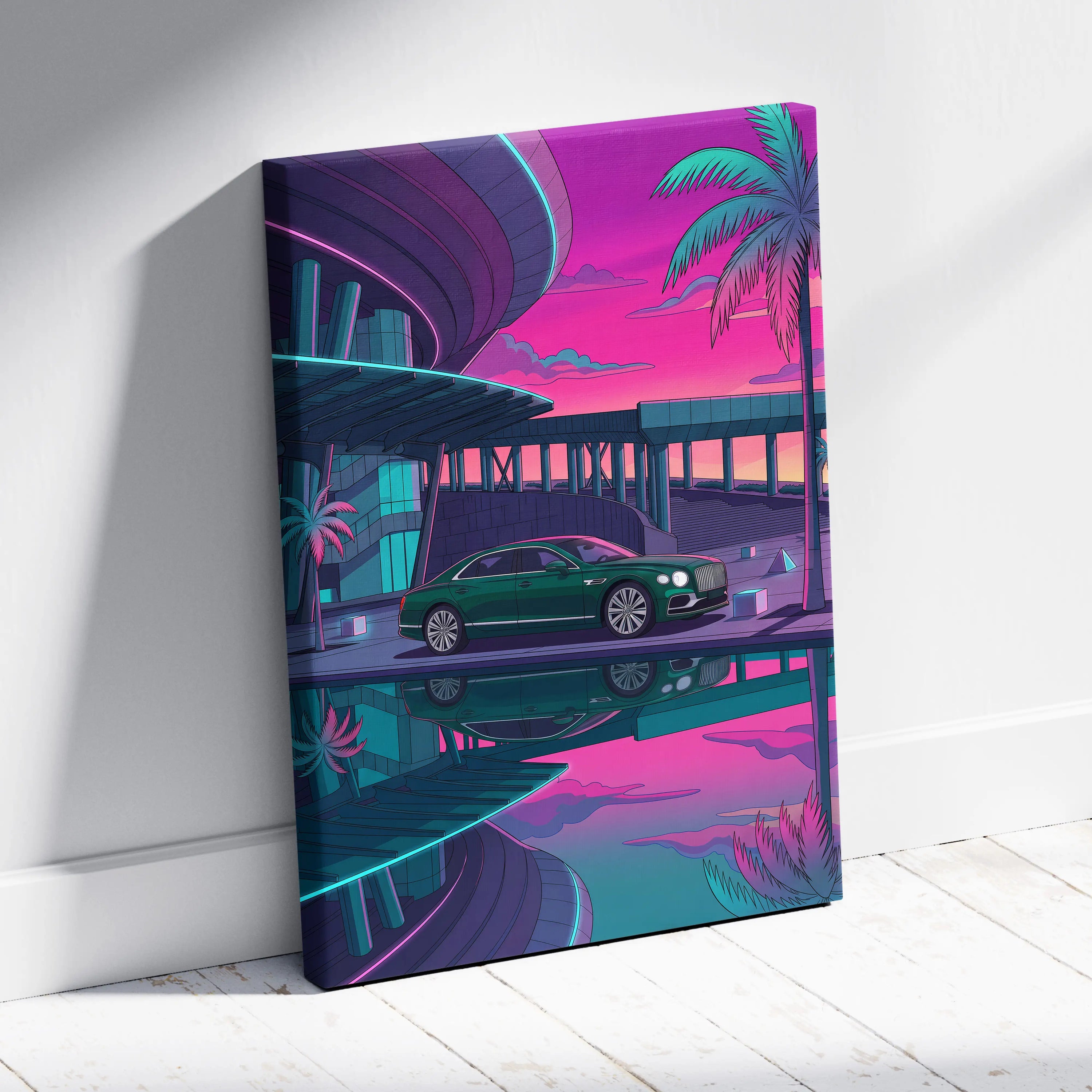 Bentley Flying Spur Inspired Vaporwave Car Canvas - Car Vaporwave Neon Pink Teal Living Room Retro Futurism Nostalgic mood Neon aesthetic Canvas