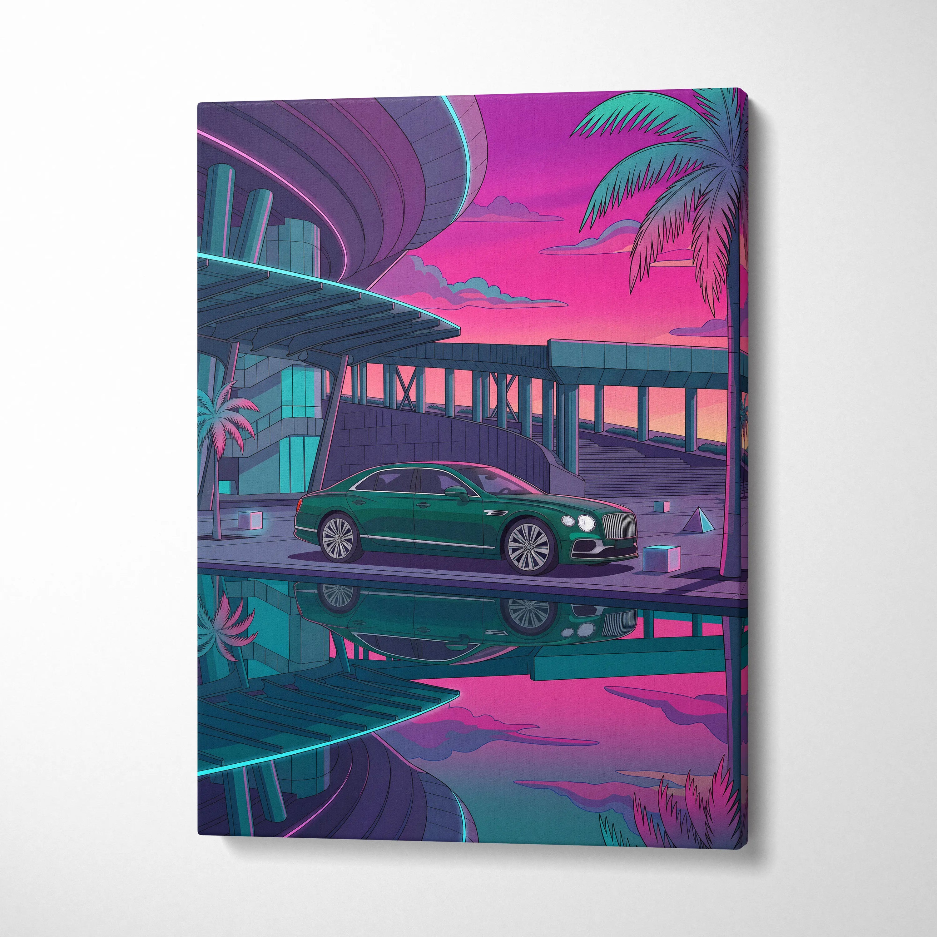 Bentley Flying Spur Inspired Vaporwave Car Canvas - Car Vaporwave Neon Pink Teal Living Room Retro Futurism Nostalgic mood Neon aesthetic Canvas