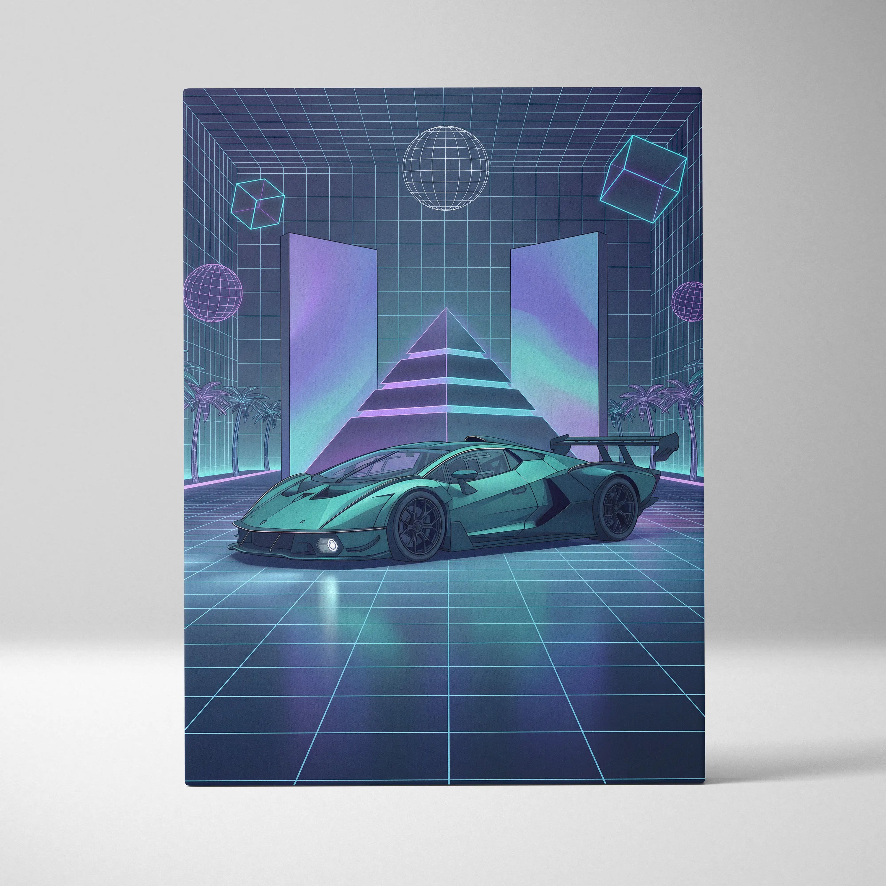 Lamborghini Essenza SCV12 Inspired Teal Purple Canvas Wall Art, Neon Vaporwave Race Car Artwork for Futuristic Garage Decor