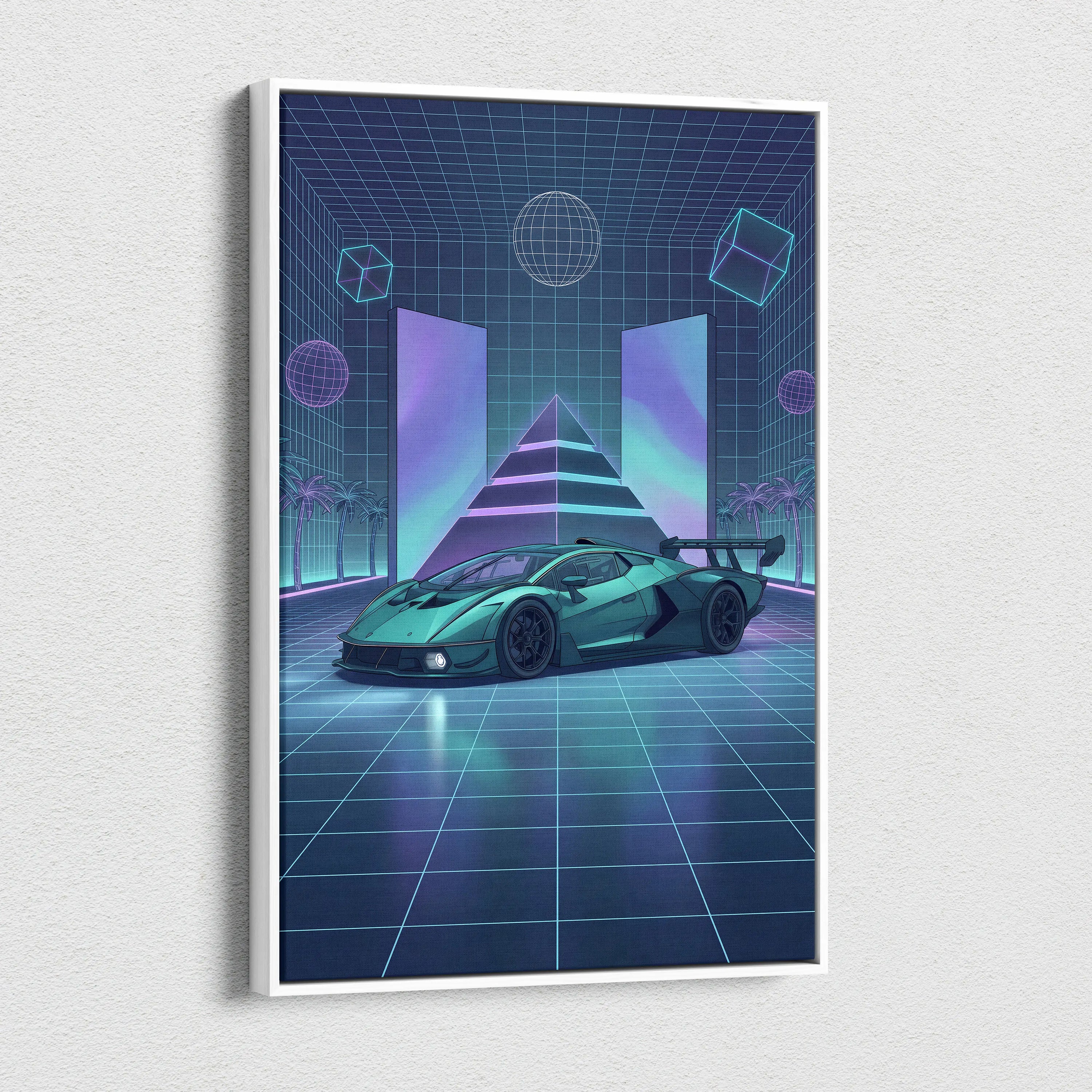 Lamborghini Essenza SCV12 Inspired Teal Purple Canvas Wall Art, Neon Vaporwave Race Car Artwork for Futuristic Garage Decor