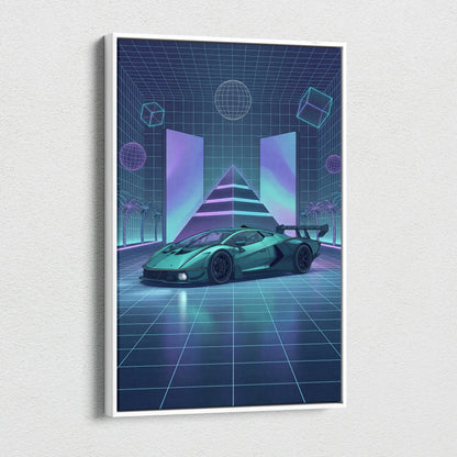 Lamborghini Essenza SCV12 Inspired Teal Purple Canvas Wall Art, Neon Vaporwave Race Car Artwork for Futuristic Garage Decor
