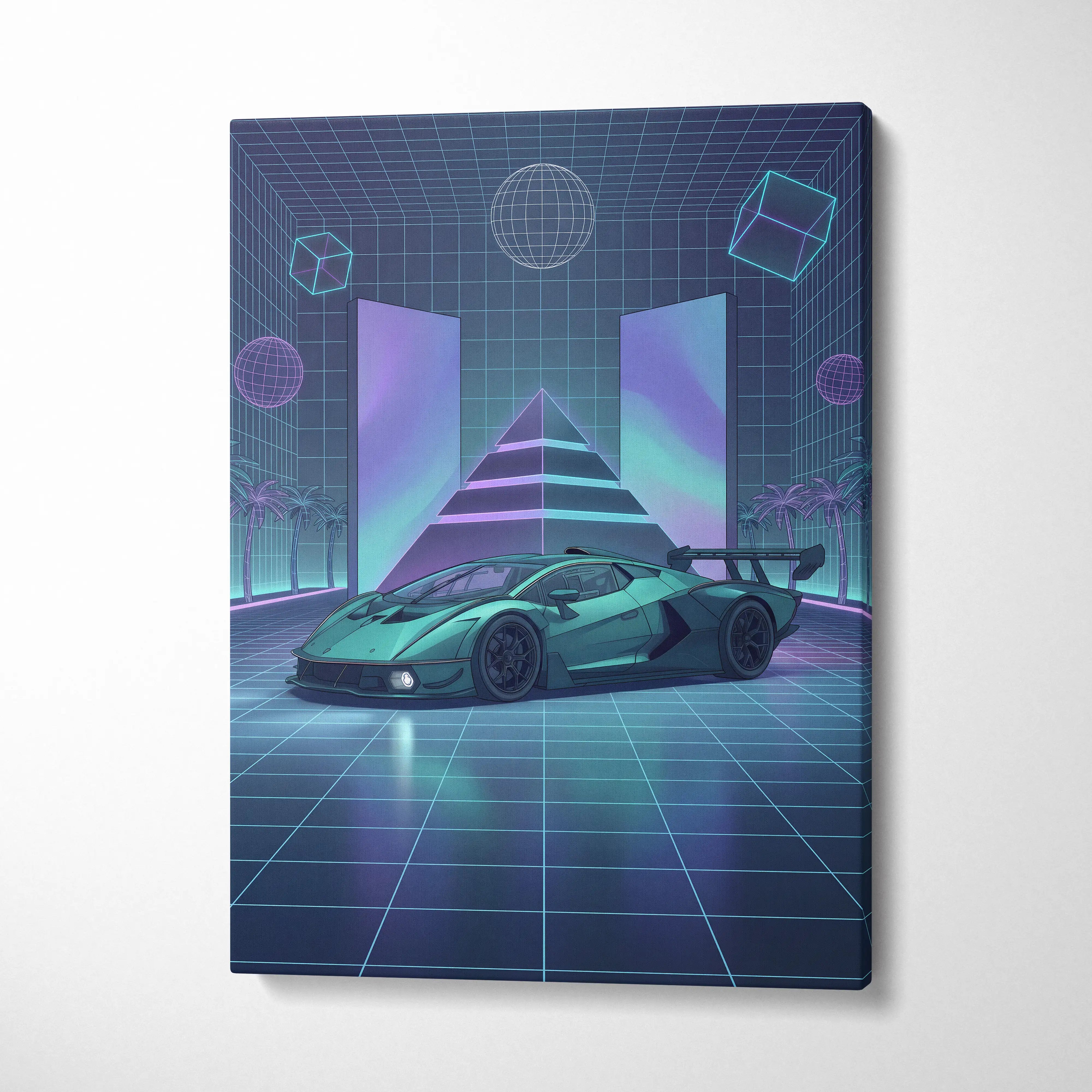 Lamborghini Essenza SCV12 Inspired Teal Purple Canvas Wall Art, Neon Vaporwave Race Car Artwork for Futuristic Garage Decor