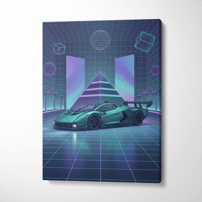 Lamborghini Essenza SCV12 Inspired Teal Purple Canvas Wall Art, Neon Vaporwave Race Car Artwork for Futuristic Garage Decor