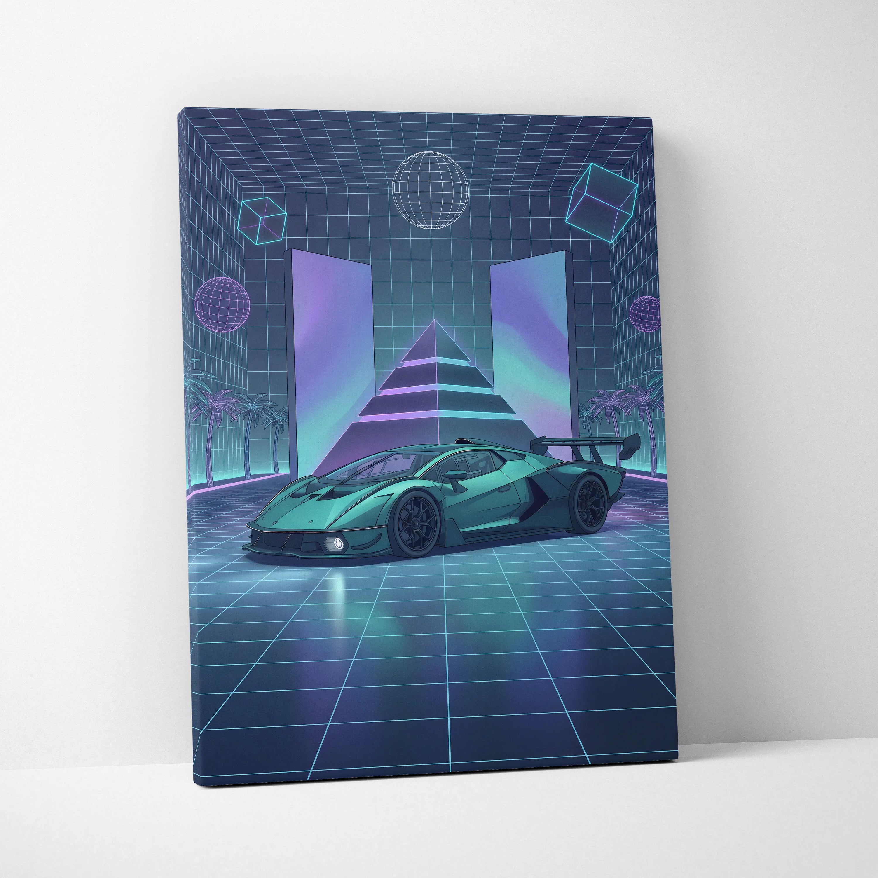Lamborghini Essenza SCV12 Inspired Teal Purple Canvas Wall Art, Neon Vaporwave Race Car Artwork for Futuristic Garage Decor
