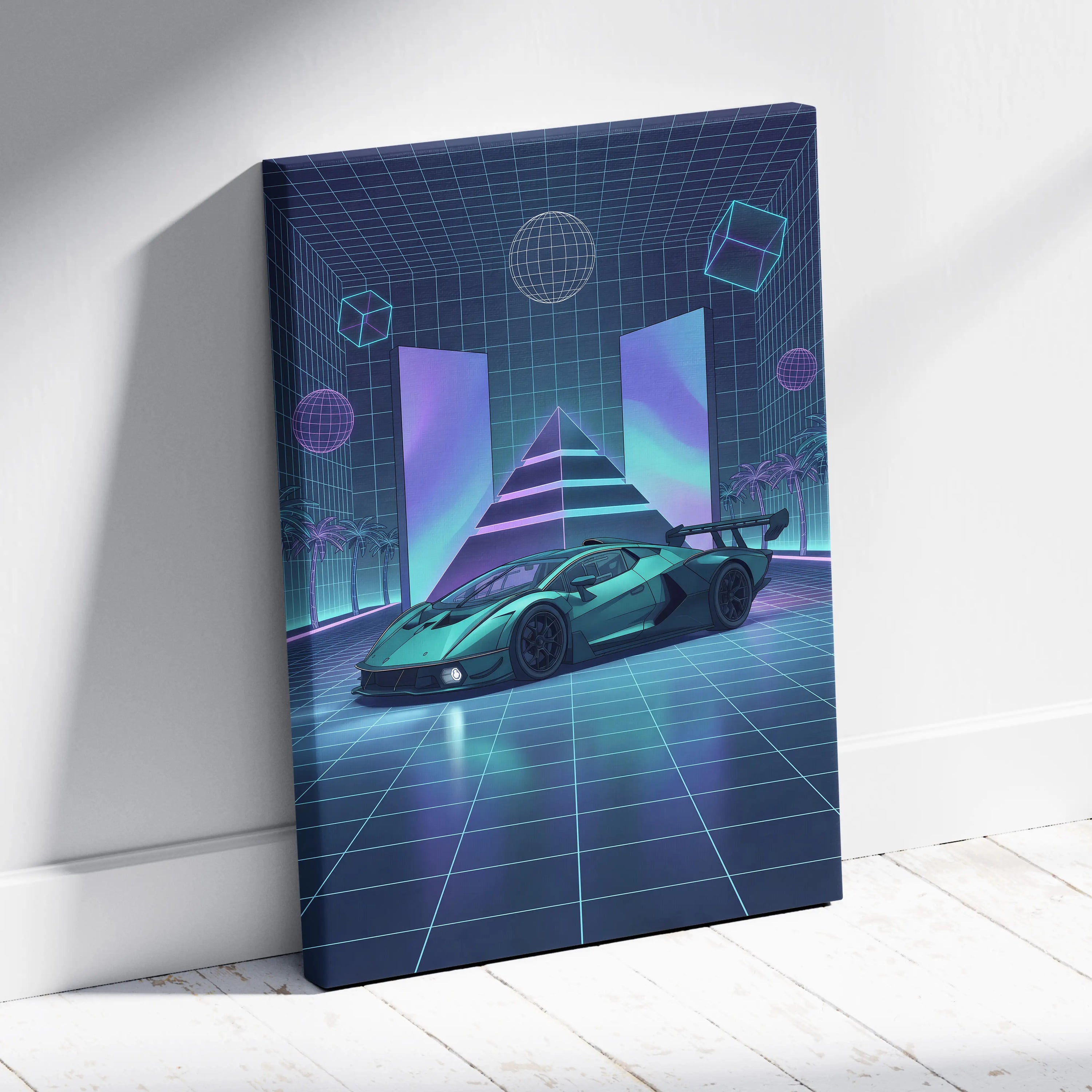 Lamborghini Essenza SCV12 Inspired Teal Purple Canvas Wall Art, Neon Vaporwave Race Car Artwork for Futuristic Garage Decor