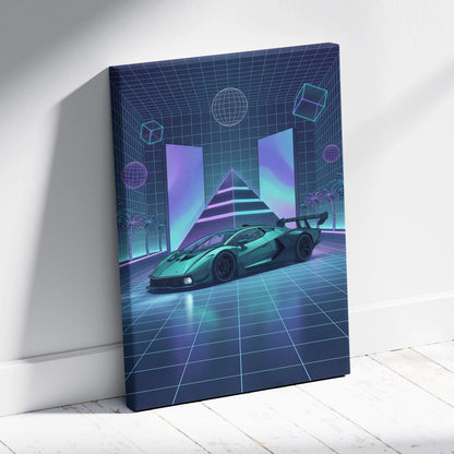Lamborghini Essenza SCV12 Inspired Teal Purple Canvas Wall Art, Neon Vaporwave Race Car Artwork for Futuristic Garage Decor