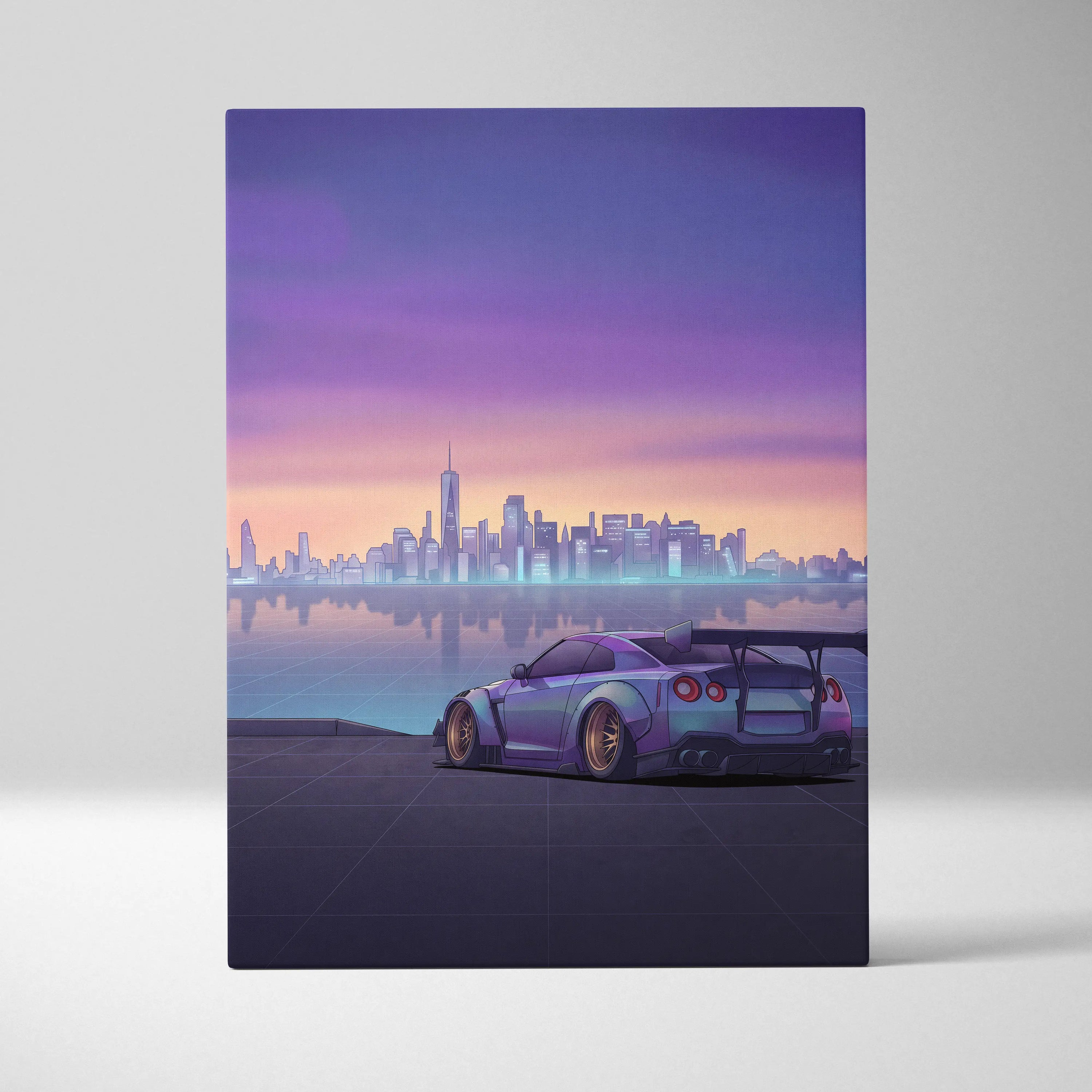 Nissan GT-R R35 Inspired Silver Purple Canvas Wall Art, Sunset Vaporwave JDM Supercar Artwork for Modern City Garage Decor