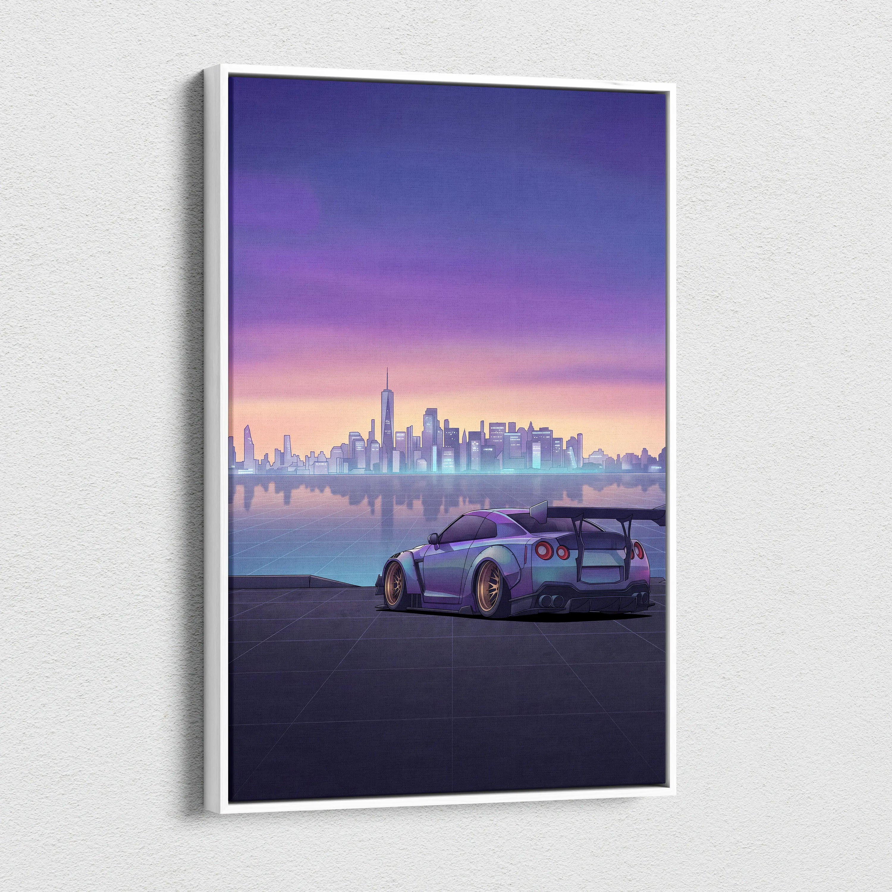 Nissan GT-R R35 Inspired Silver Purple Canvas Wall Art, Sunset Vaporwave JDM Supercar Artwork for Modern City Garage Decor