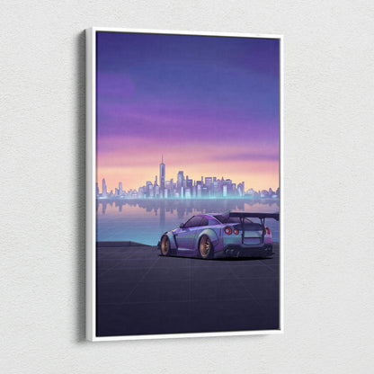 Nissan GT-R R35 Inspired Silver Purple Canvas Wall Art, Sunset Vaporwave JDM Supercar Artwork for Modern City Garage Decor