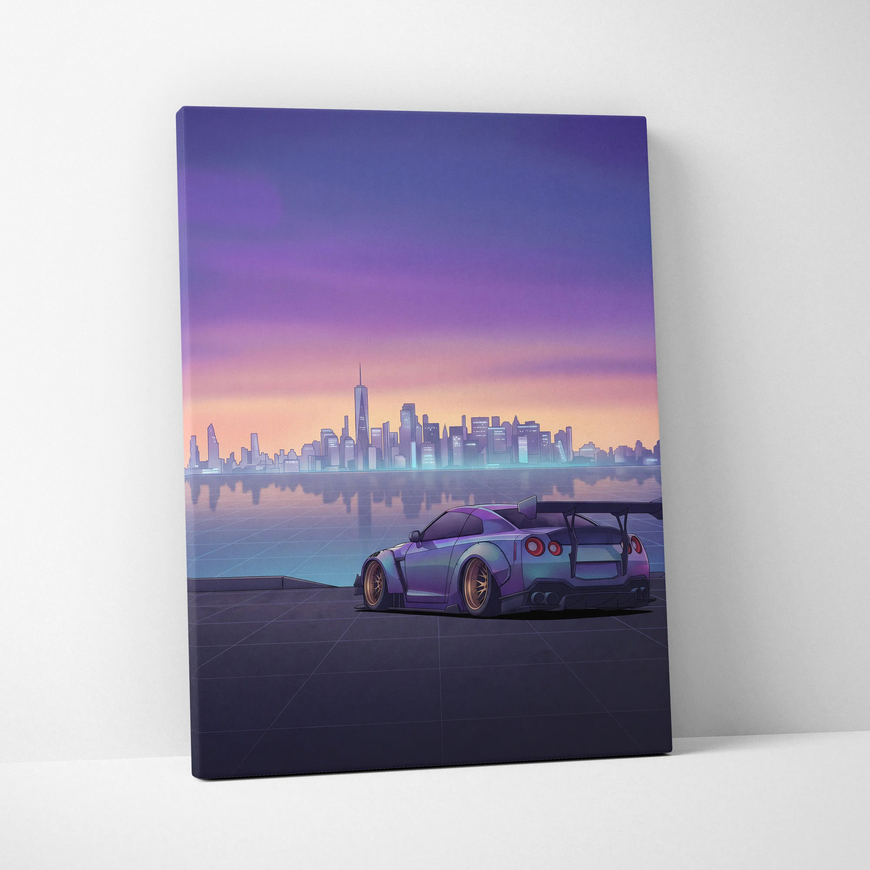 Nissan GT-R R35 Inspired Silver Purple Canvas Wall Art, Sunset Vaporwave JDM Supercar Artwork for Modern City Garage Decor