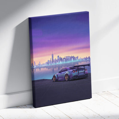Nissan GT-R R35 Inspired Silver Purple Canvas Wall Art, Sunset Vaporwave JDM Supercar Artwork for Modern City Garage Decor
