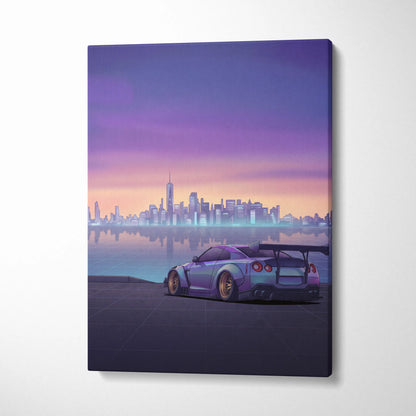 Nissan GT-R R35 Inspired Silver Purple Canvas Wall Art, Sunset Vaporwave JDM Supercar Artwork for Modern City Garage Decor