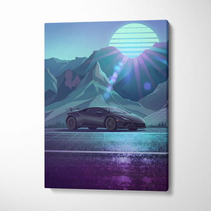 Lamborghini Huracan Inspired Black Teal Canvas Wall Art, Mountain Vaporwave Supercar Artwork for Modern Garage Decor