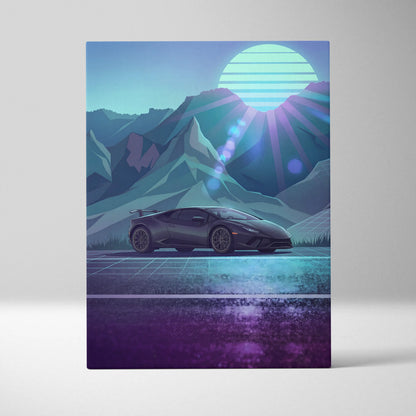 Lamborghini Huracan Inspired Black Teal Canvas Wall Art, Mountain Vaporwave Supercar Artwork for Modern Garage Decor
