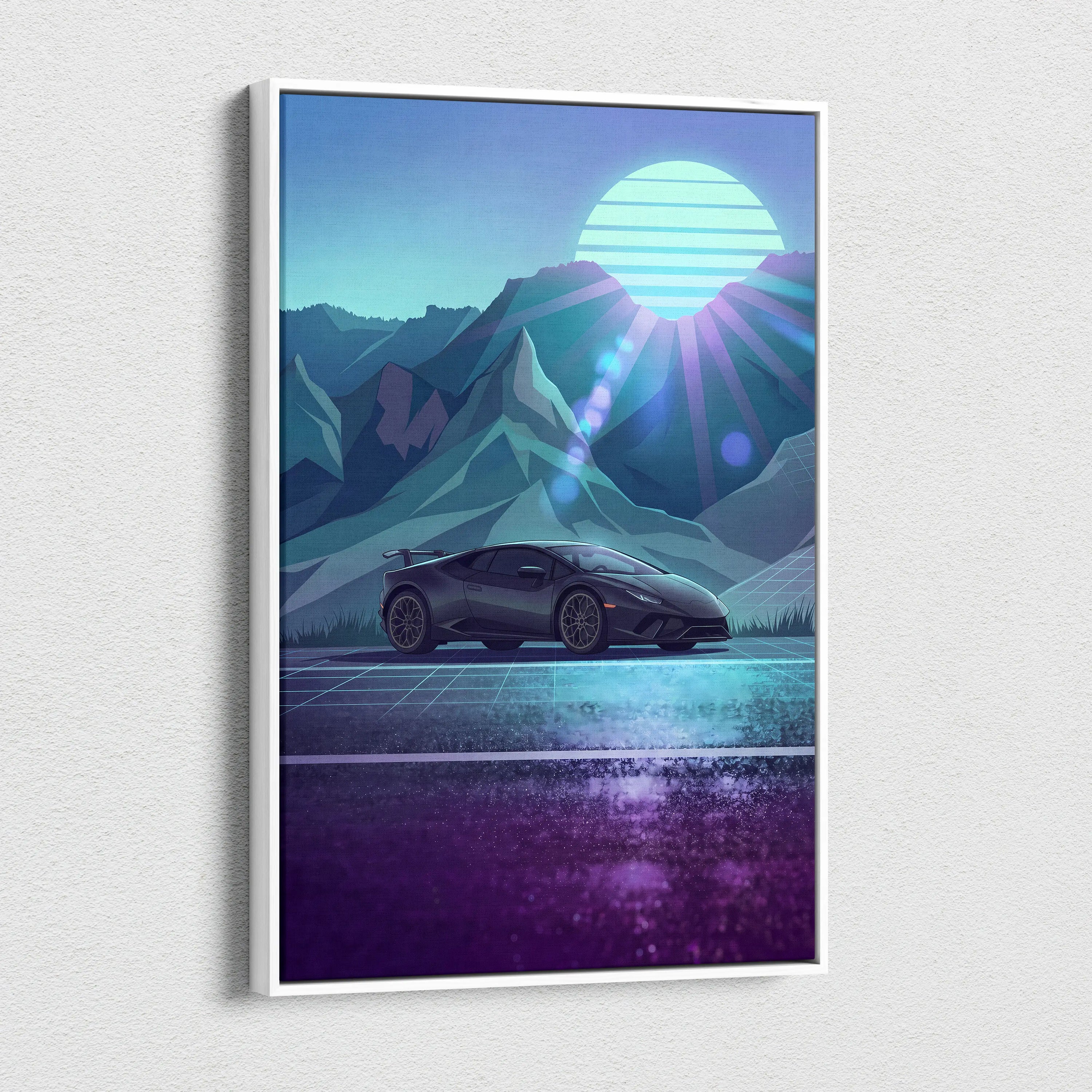 Lamborghini Huracan Inspired Black Teal Canvas Wall Art, Mountain Vaporwave Supercar Artwork for Modern Garage Decor