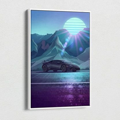 Lamborghini Huracan Inspired Black Teal Canvas Wall Art, Mountain Vaporwave Supercar Artwork for Modern Garage Decor