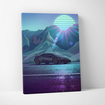 Lamborghini Huracan Inspired Black Teal Canvas Wall Art, Mountain Vaporwave Supercar Artwork for Modern Garage Decor