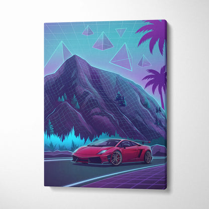 Lamborghini Gallardo Inspired Red Purple Canvas Wall Art, Neon Vaporwave Supercar Artwork for Mountain Road Garage Decor