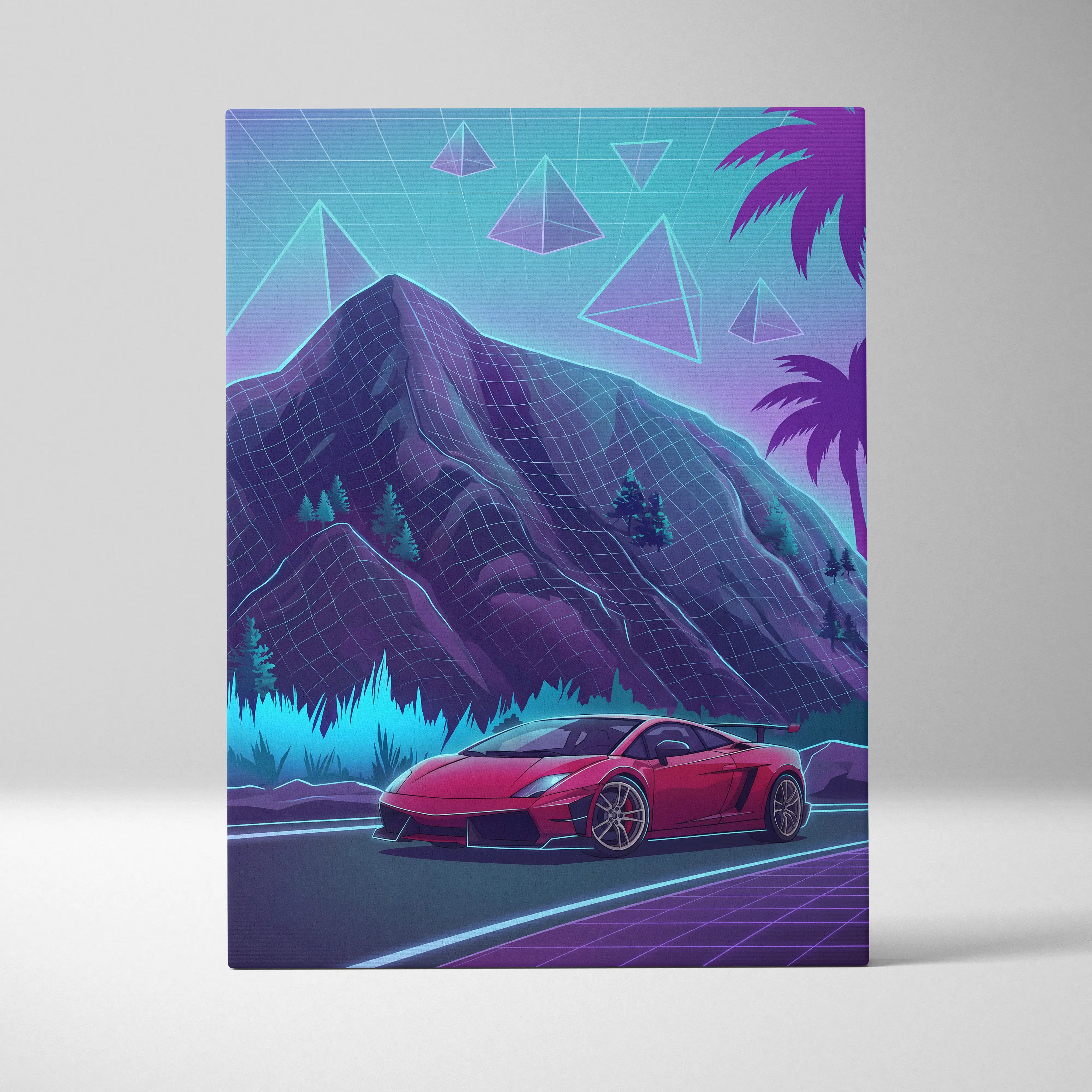 Lamborghini Gallardo Inspired Red Purple Canvas Wall Art, Neon Vaporwave Supercar Artwork for Mountain Road Garage Decor