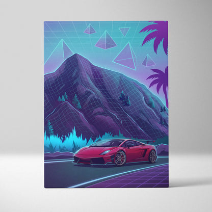 Lamborghini Gallardo Inspired Red Purple Canvas Wall Art, Neon Vaporwave Supercar Artwork for Mountain Road Garage Decor