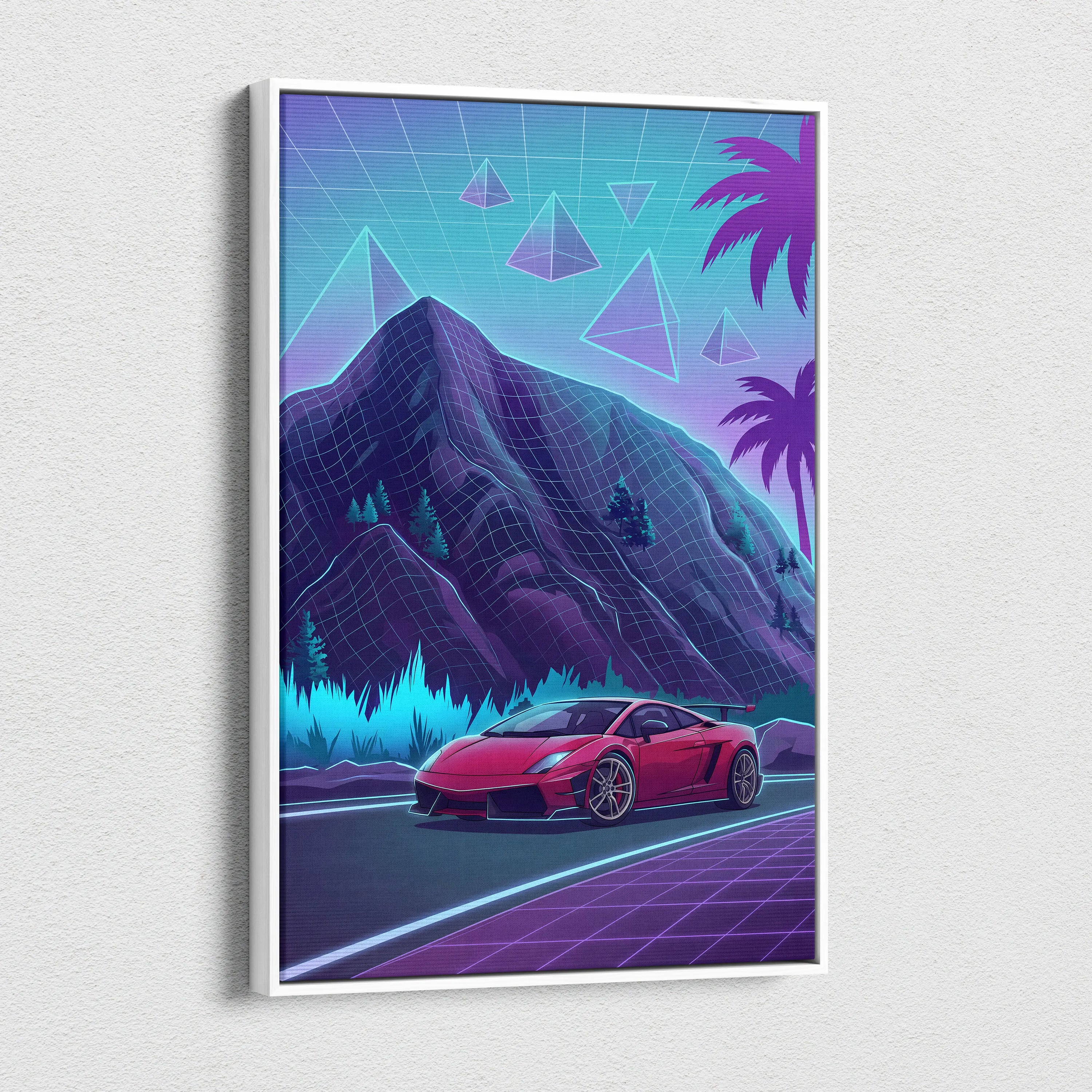 Lamborghini Gallardo Inspired Red Purple Canvas Wall Art, Neon Vaporwave Supercar Artwork for Mountain Road Garage Decor