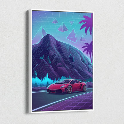 Lamborghini Gallardo Inspired Red Purple Canvas Wall Art, Neon Vaporwave Supercar Artwork for Mountain Road Garage Decor