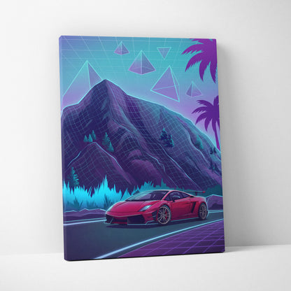 Lamborghini Gallardo Inspired Red Purple Canvas Wall Art, Neon Vaporwave Supercar Artwork for Mountain Road Garage Decor