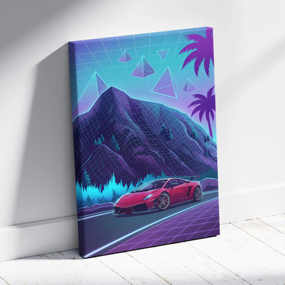 Lamborghini Gallardo Inspired Red Purple Canvas Wall Art, Neon Vaporwave Supercar Artwork for Mountain Road Garage Decor