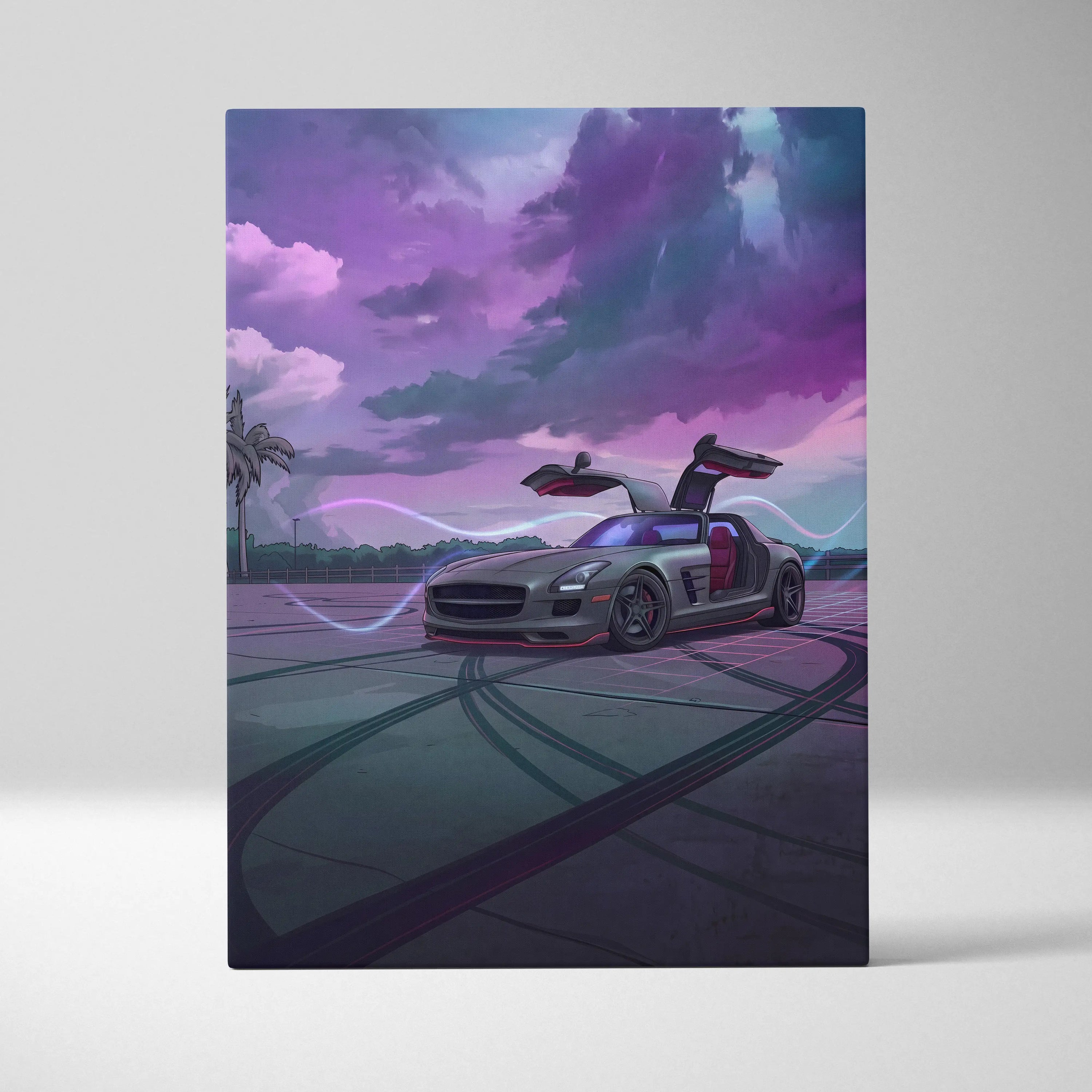 Mercedes SLS AMG Inspired Silver Purple Canvas Wall Art, Moody Vaporwave Supercar Artwork for Modern Garage Decor