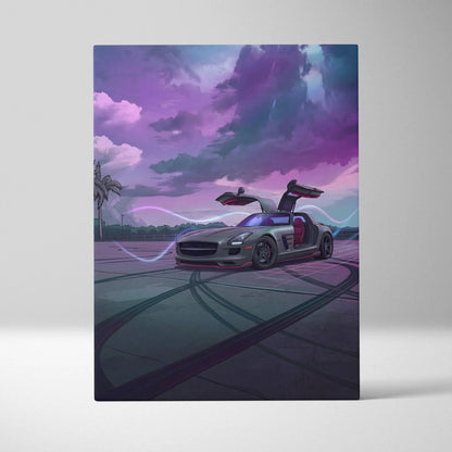 Mercedes SLS AMG Inspired Silver Purple Canvas Wall Art, Moody Vaporwave Supercar Artwork for Modern Garage Decor