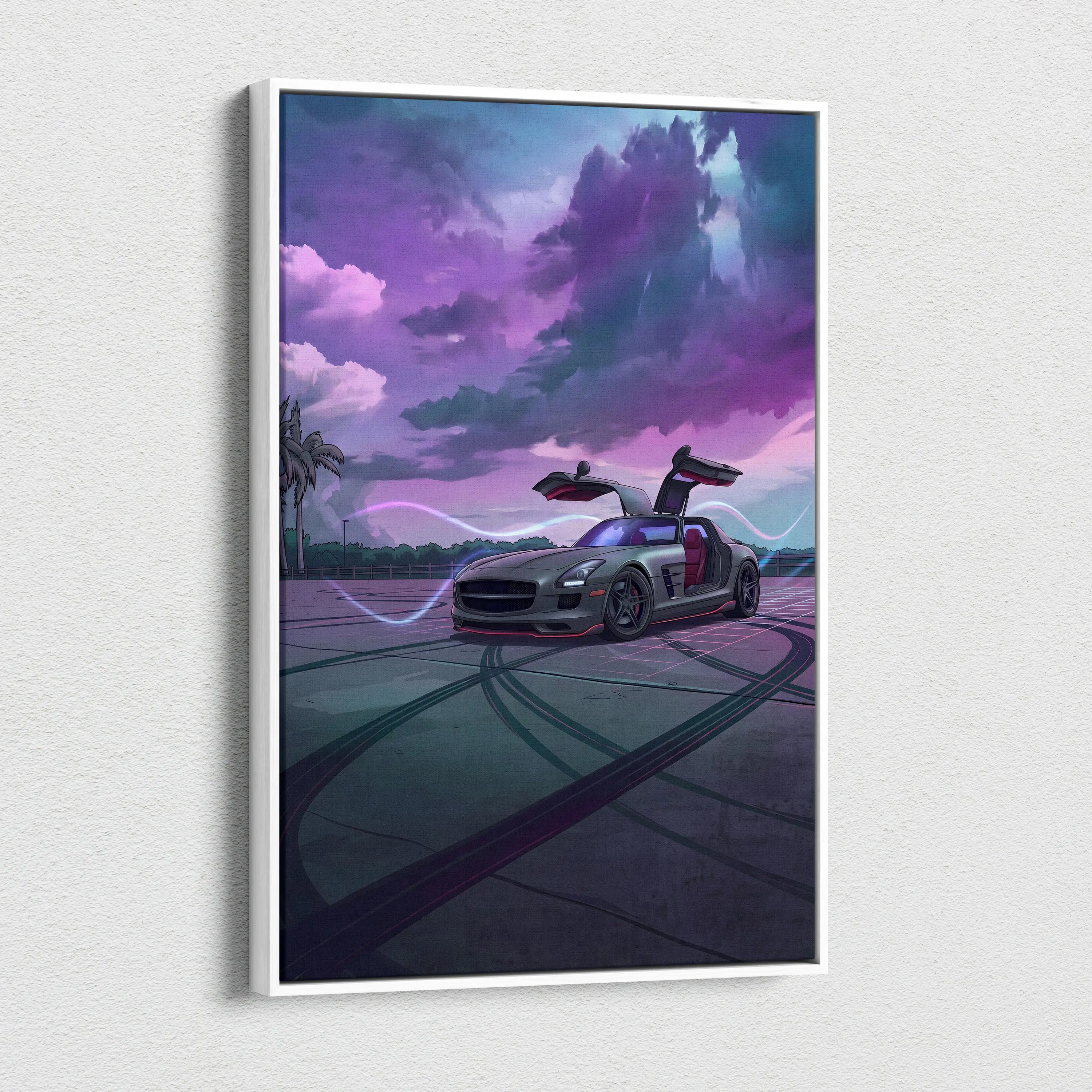 Mercedes SLS AMG Inspired Silver Purple Canvas Wall Art, Moody Vaporwave Supercar Artwork for Modern Garage Decor