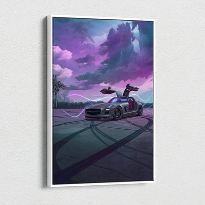 Mercedes SLS AMG Inspired Silver Purple Canvas Wall Art, Moody Vaporwave Supercar Artwork for Modern Garage Decor