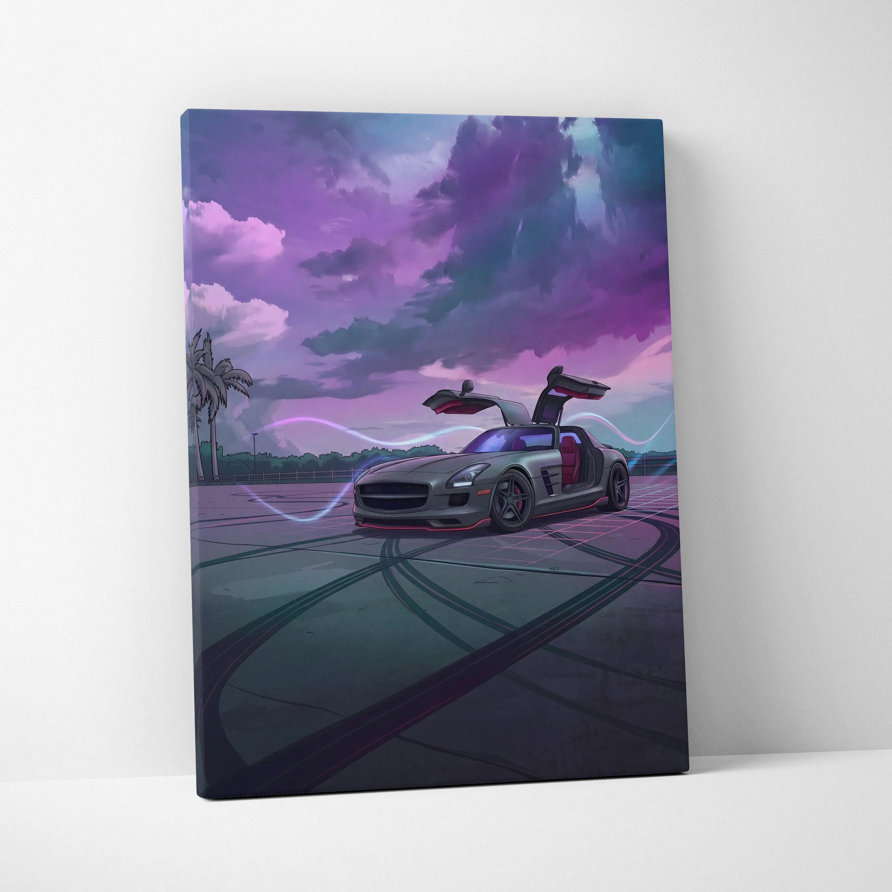 Mercedes SLS AMG Inspired Silver Purple Canvas Wall Art, Moody Vaporwave Supercar Artwork for Modern Garage Decor