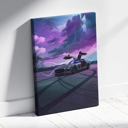 Mercedes SLS AMG Inspired Silver Purple Canvas Wall Art, Moody Vaporwave Supercar Artwork for Modern Garage Decor