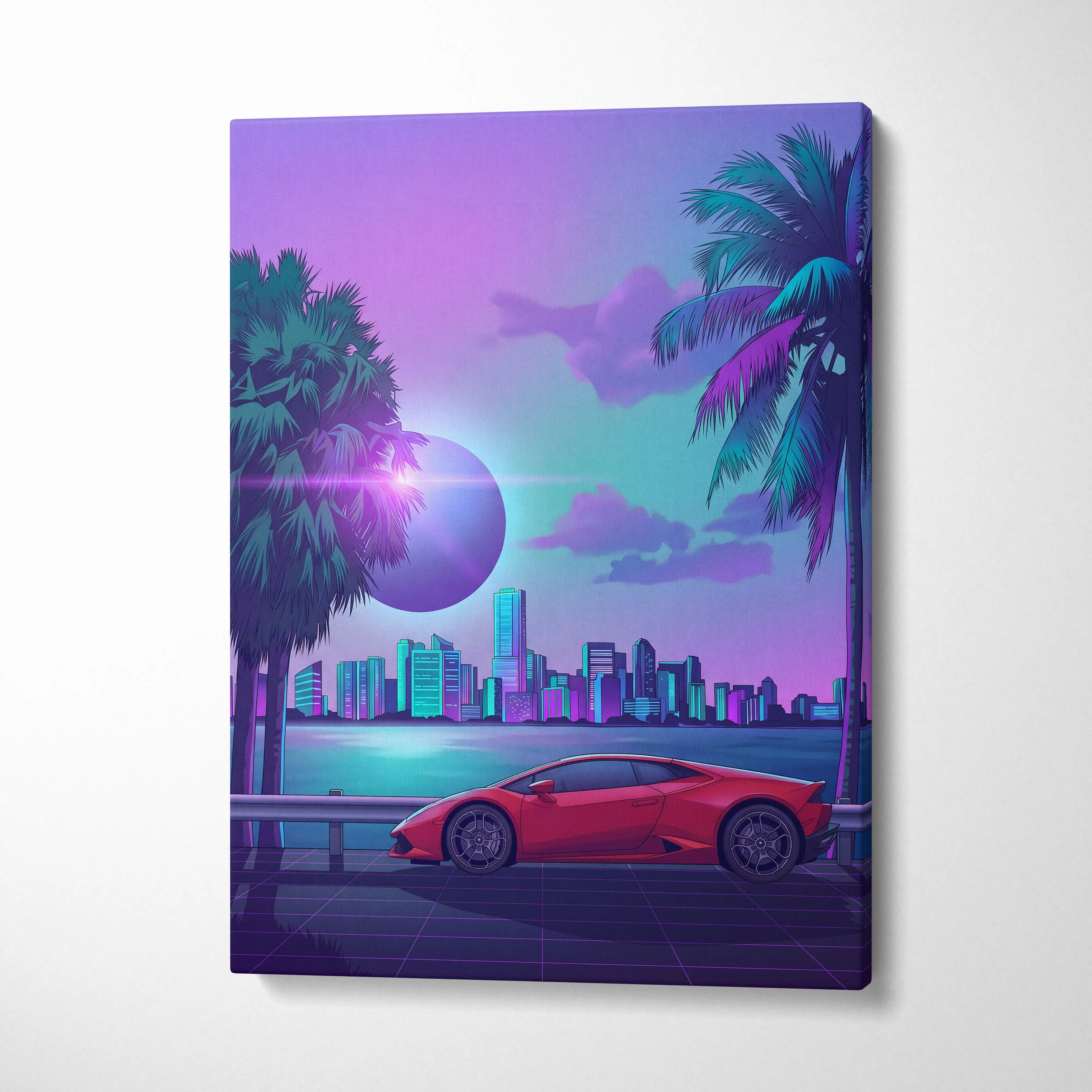 Lamborghini Huracan Inspired Red Purple Canvas Wall Art, Tropical Vaporwave Supercar Artwork for Modern City Garage Decor