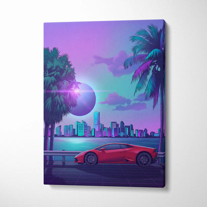 Lamborghini Huracan Inspired Red Purple Canvas Wall Art, Tropical Vaporwave Supercar Artwork for Modern City Garage Decor