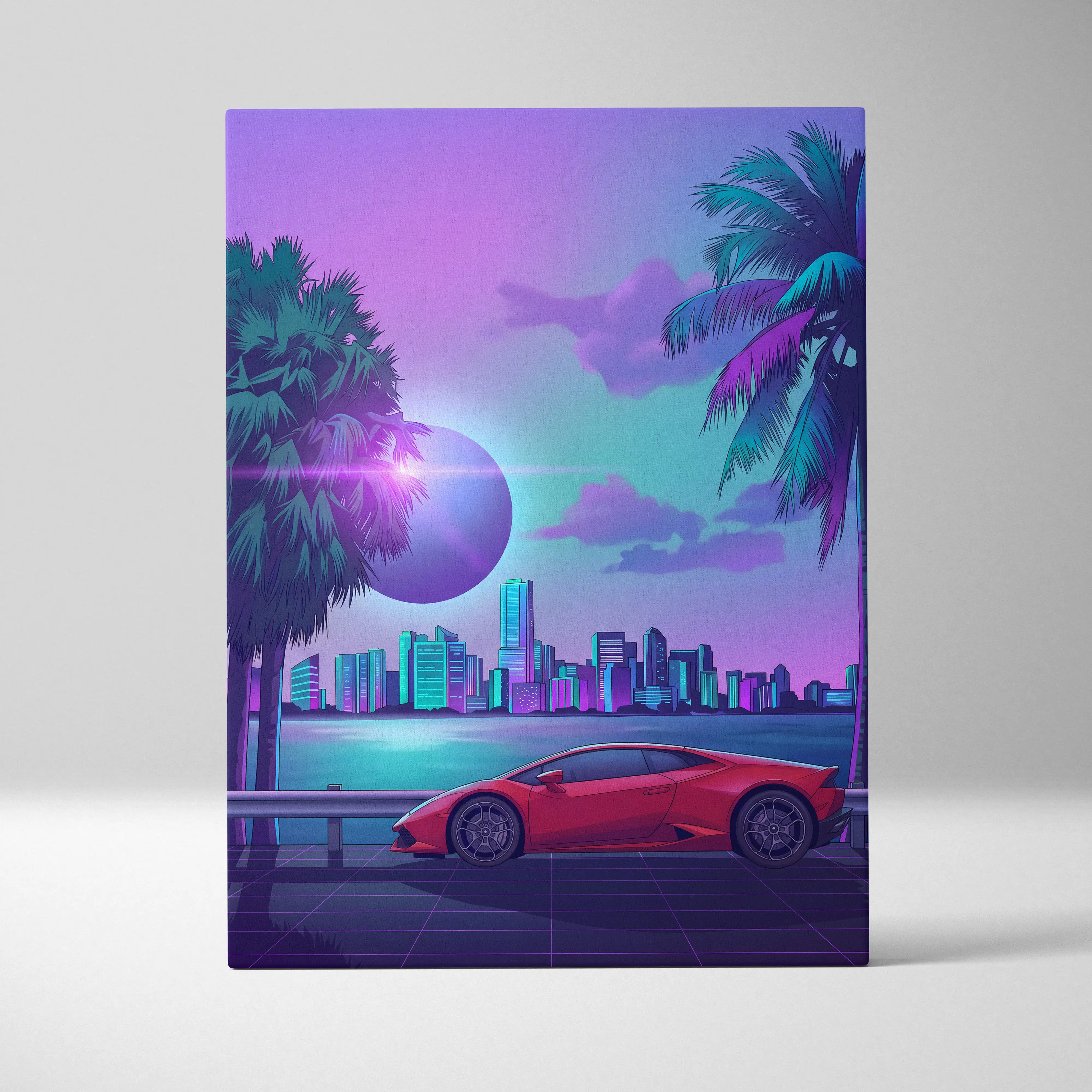 Lamborghini Huracan Inspired Red Purple Canvas Wall Art, Tropical Vaporwave Supercar Artwork for Modern City Garage Decor
