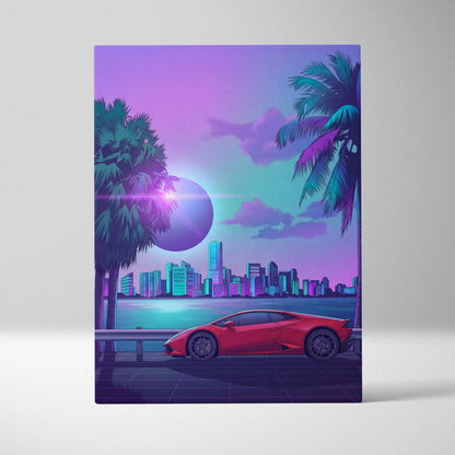Lamborghini Huracan Inspired Red Purple Canvas Wall Art, Tropical Vaporwave Supercar Artwork for Modern City Garage Decor