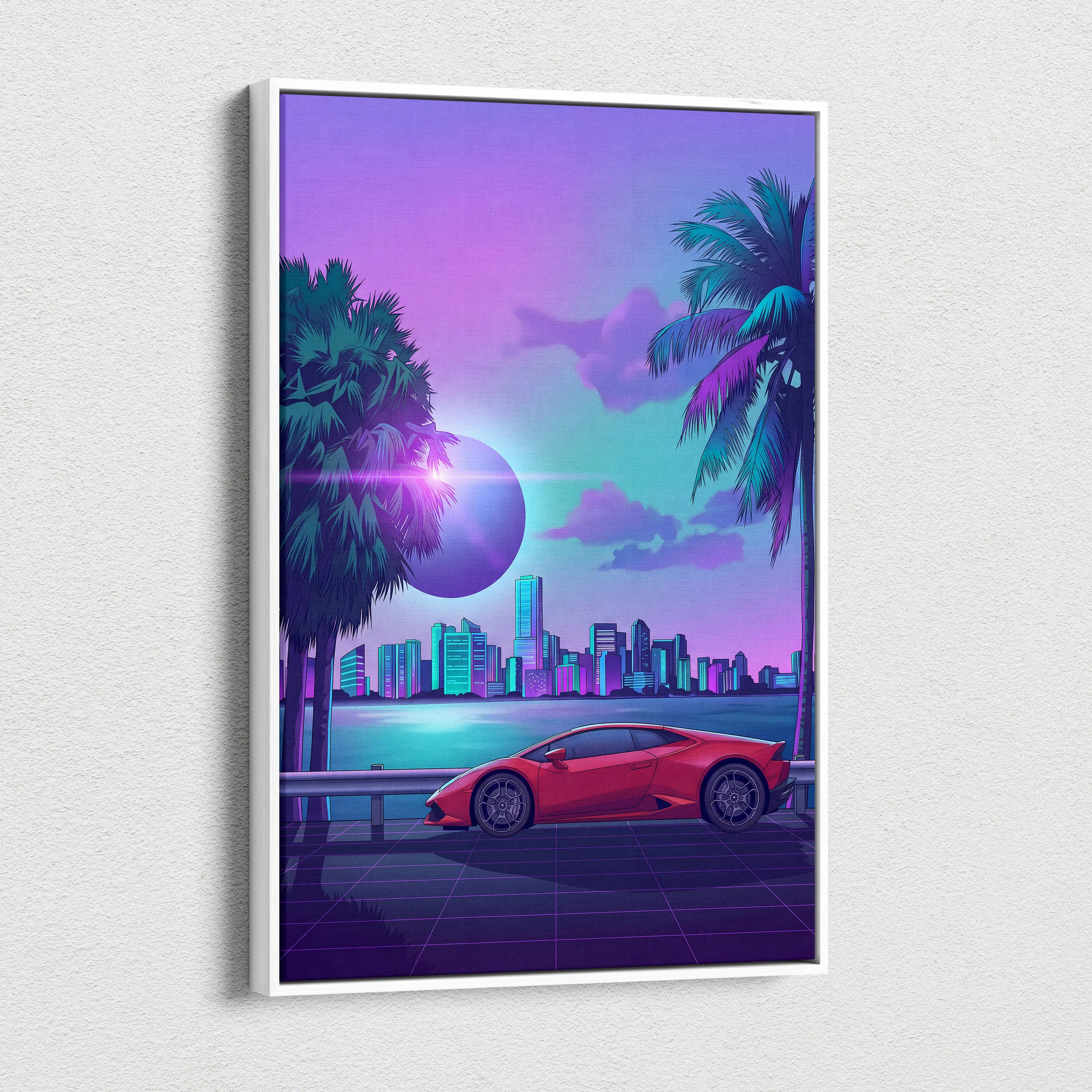 Lamborghini Huracan Inspired Red Purple Canvas Wall Art, Tropical Vaporwave Supercar Artwork for Modern City Garage Decor