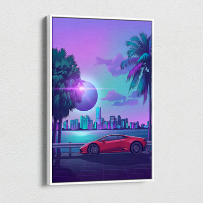 Lamborghini Huracan Inspired Red Purple Canvas Wall Art, Tropical Vaporwave Supercar Artwork for Modern City Garage Decor