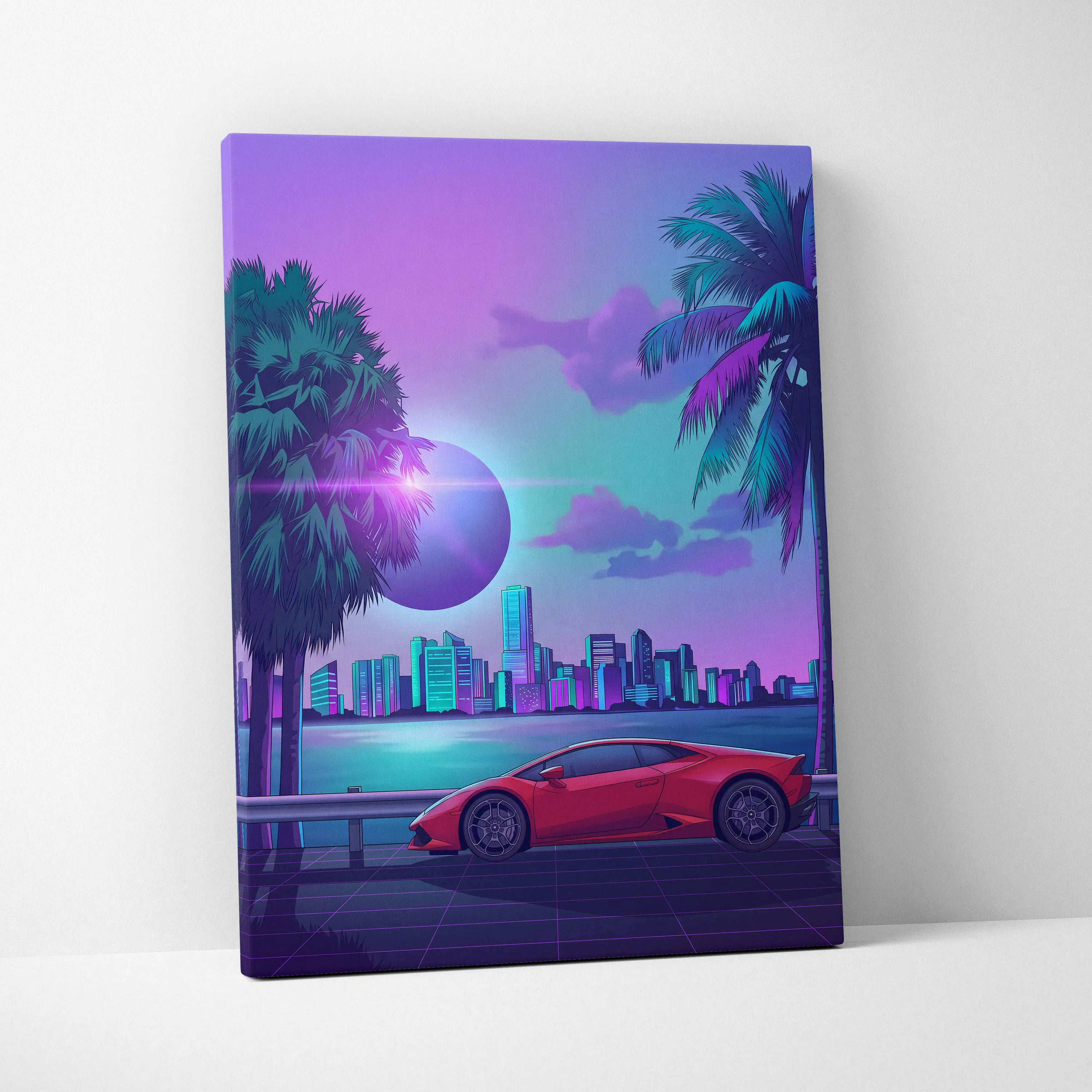 Lamborghini Huracan Inspired Red Purple Canvas Wall Art, Tropical Vaporwave Supercar Artwork for Modern City Garage Decor