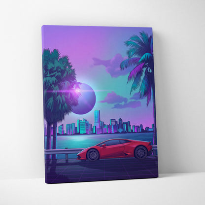 Lamborghini Huracan Inspired Red Purple Canvas Wall Art, Tropical Vaporwave Supercar Artwork for Modern City Garage Decor