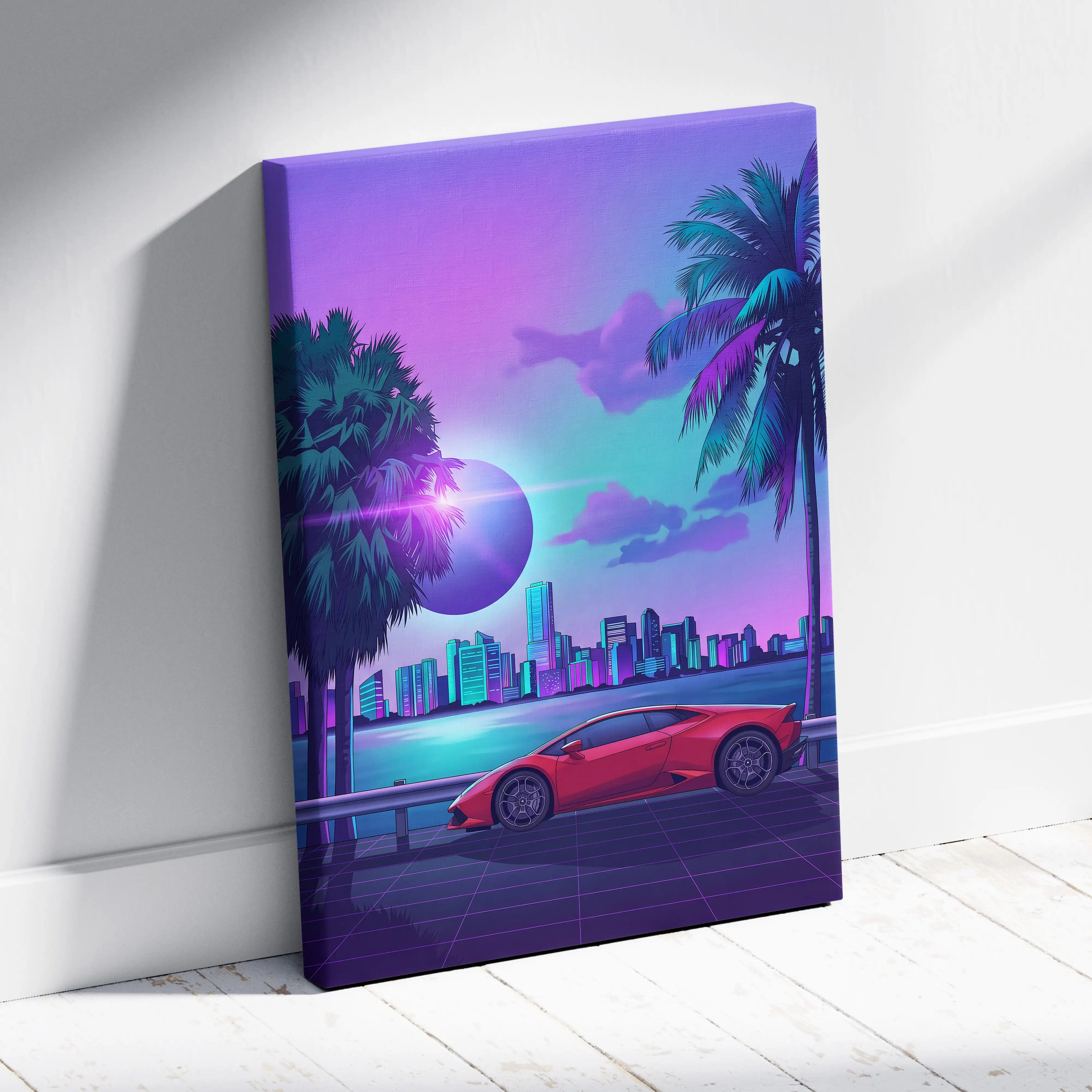 Lamborghini Huracan Inspired Red Purple Canvas Wall Art, Tropical Vaporwave Supercar Artwork for Modern City Garage Decor