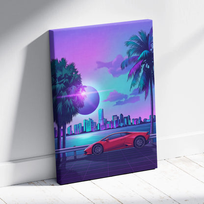 Lamborghini Huracan Inspired Red Purple Canvas Wall Art, Tropical Vaporwave Supercar Artwork for Modern City Garage Decor