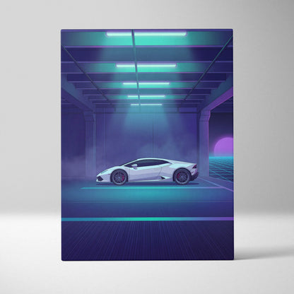 Lamborghini Huracan Inspired White Purple Canvas Wall Art, Neon Vaporwave Supercar Artwork for Futuristic Garage Decor