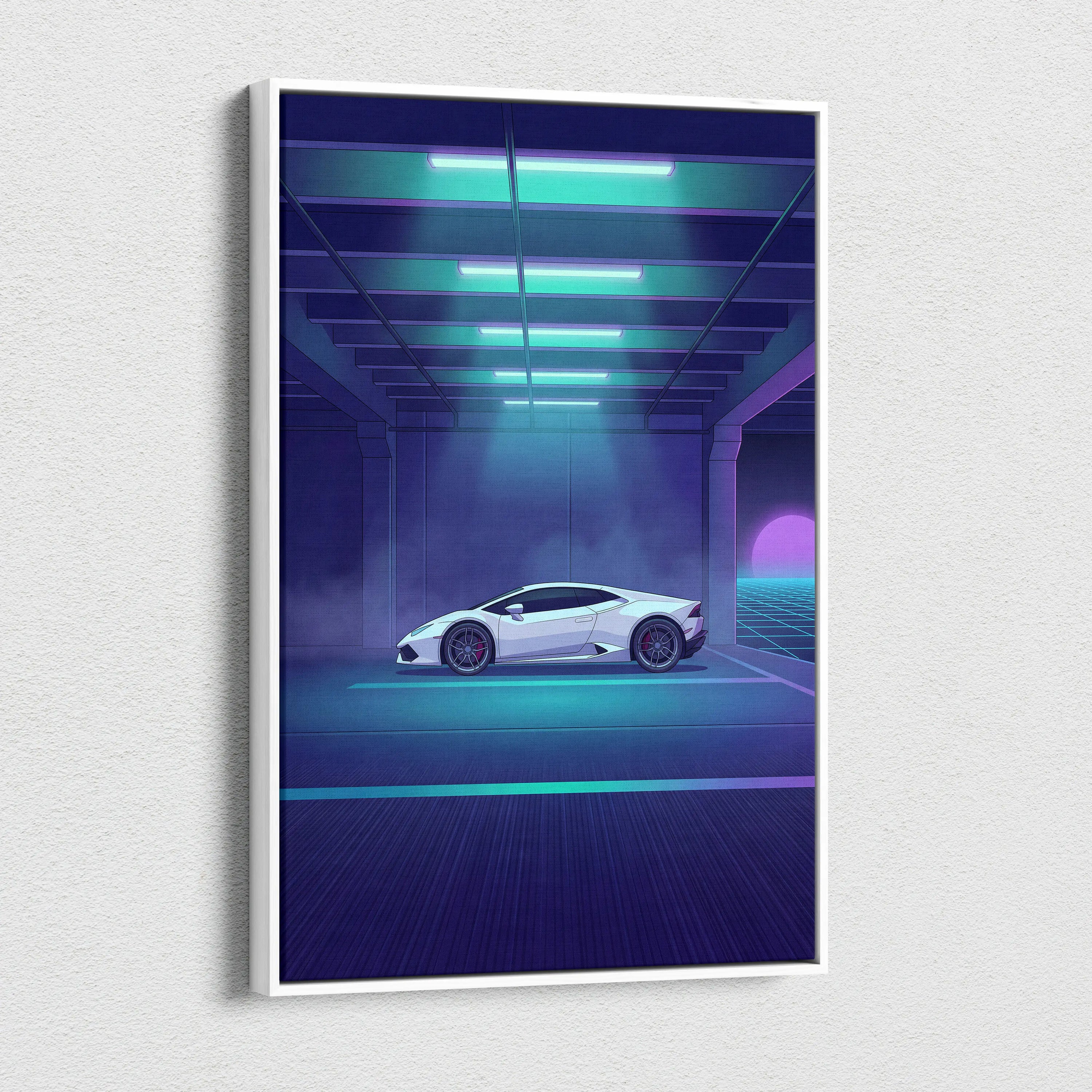 Lamborghini Huracan Inspired White Purple Canvas Wall Art, Neon Vaporwave Supercar Artwork for Futuristic Garage Decor